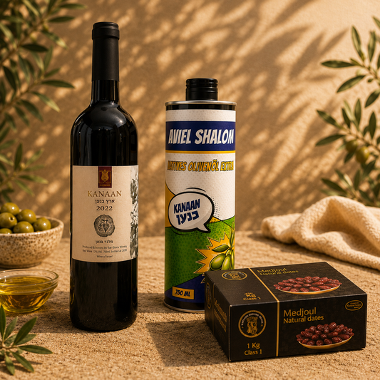 Luxus-Geschenkset aus Israel: Olivenöl, Wein & Datteln mit Geschichte