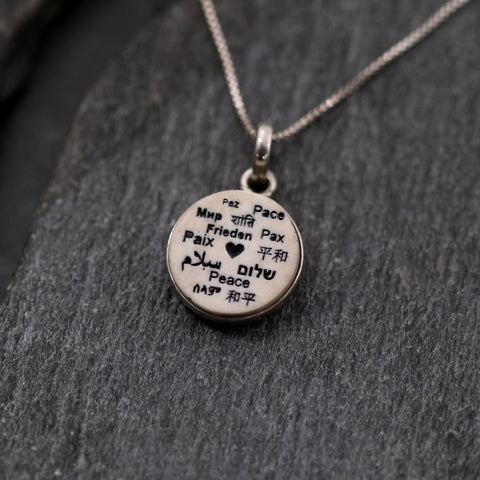 Silver Jerusalem Stone Pendant with the Word "Shalom" in Different Languages