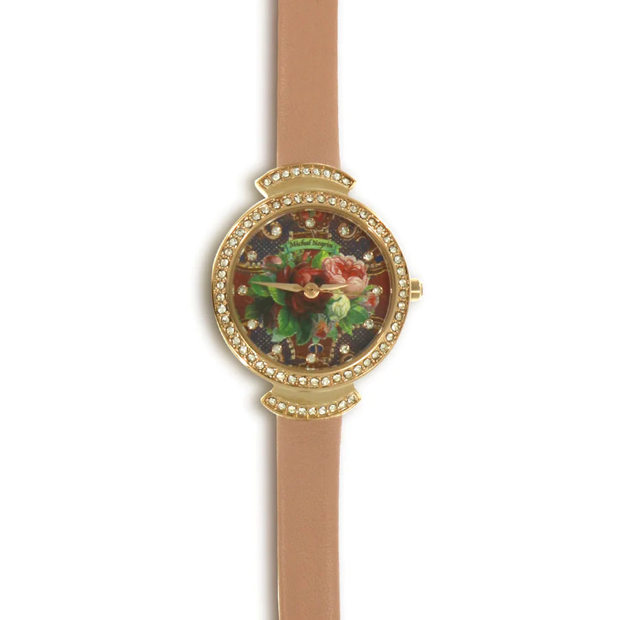 Gold Plated Wrist Watch With Antique Pink Strap