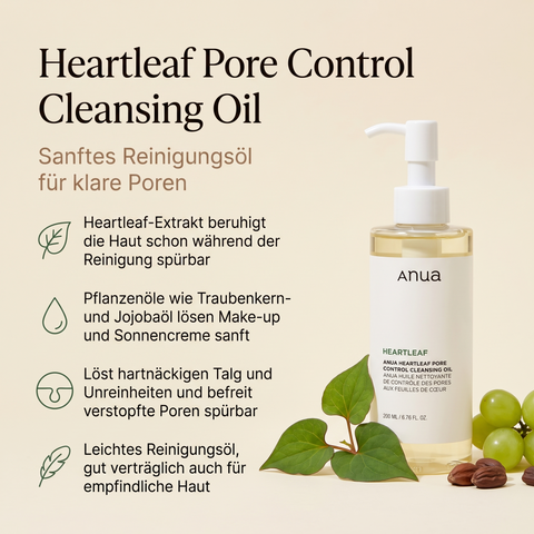 Anua Heartleaf Reinigungsöl mit Herzblatt, Weintrauben und Jojobasamen, daneben Vorteile für klare Poren