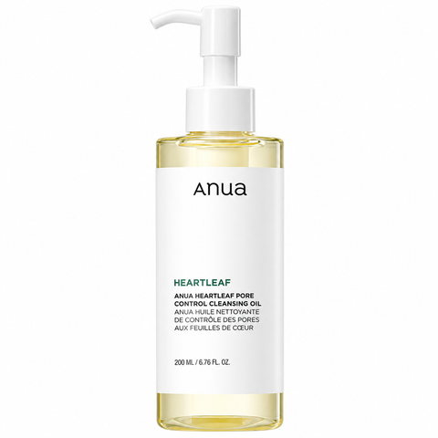 Anua Heartleaf Pore Control Reinigungsöl: Pumpspender mit goldgelbem Öl und weißem Etikett, 200 ml