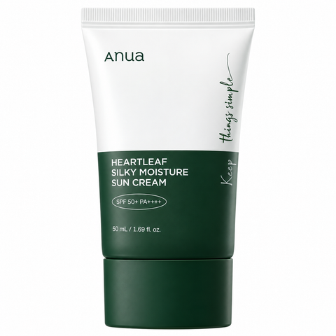 Anua Heartleaf Silky Moisture Sonnencreme LSF 50+: weiß-grüne Tube mit 50 ml Inhalt
