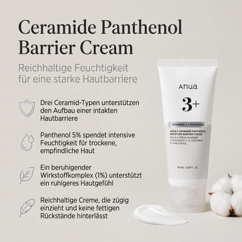 Anua Ceramide Panthenol Barrierecreme in der Tube mit Cremeprobe und Baumwollblüte, daneben vier Vorteile der Pflege
