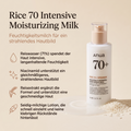 Anua Rice 70 Moisturizing Milk Pumpflasche mit Reiskörnern, daneben Vorteile zu Reiswasser und milchiger Lotion