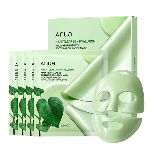 Anua Heartleaf 70 Soothing Collagen Mask: Schachtel, vier Einzelbeutel und grüne Hydrogel-Maske