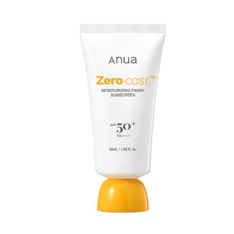 Anua Zero-cast Moisturizing Finish Sunscreen Sonnencreme in der weißen Tube mit gelber Kappe, LSF 50+