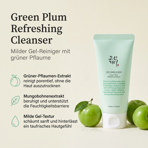 Beauty of Joseon Green Plum Reinigungsgel mit grünen Pflaumen und Wassertropfen, daneben drei Produktvorteile