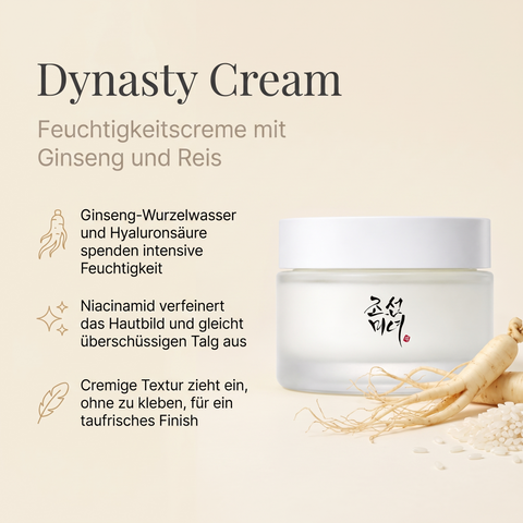 Beauty of Joseon Dynasty Cream im Glastiegel mit Ginsengwurzel und Reis, daneben drei Produktvorteile