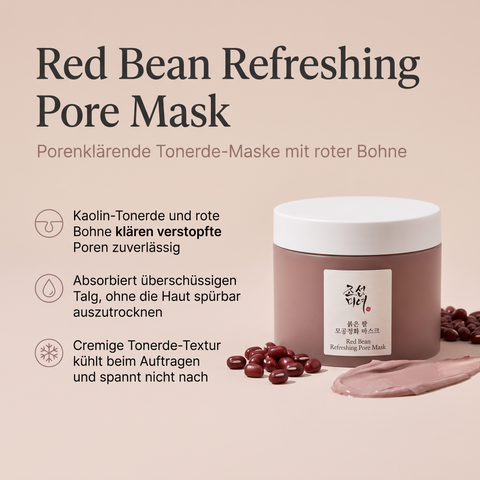 Beauty of Joseon Red Bean Pore Mask im Tiegel mit roten Bohnen und Tonerde-Textur, daneben drei Vorteile