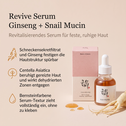 Beauty of Joseon Revive Serum mit Faltschachtel, Serumtropfen und Ginsengwurzel, daneben drei Produktvorteile