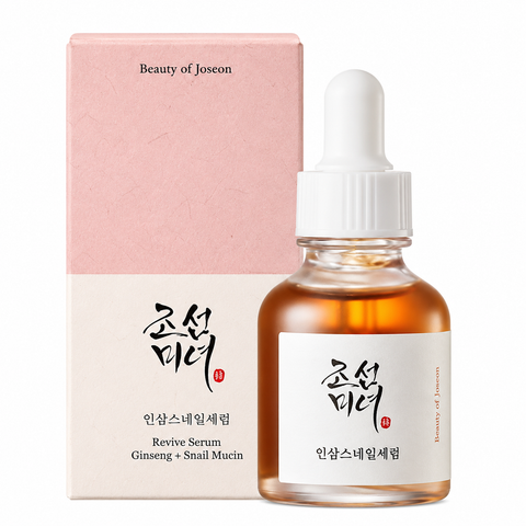 Beauty of Joseon Revive Serum Ginseng + Snail Mucin: Pipettenflasche mit bernsteinfarbenem Serum und rosa Schachtel
