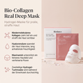 Biodance Bio-Collagen Hydrogel-Maske mit Faltschachtel, Beutel und Gelperlen auf rosa Grund, daneben vier Vorteile