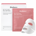 Biodance Bio-Collagen Real Deep Mask: rosa Beutel, weiße Faltschachtel und Hydrogel-Tuchmaske