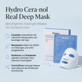 Biodance Hydro Cera-nol Hydrogel-Maske mit Faltschachtel und Beutel auf hellblauem Grund, daneben vier Vorteile