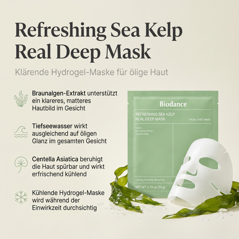 Biodance Sea Kelp Hydrogel-Maske mit Beutel, Tuchmaske und Algenblättern, daneben vier Produktvorteile