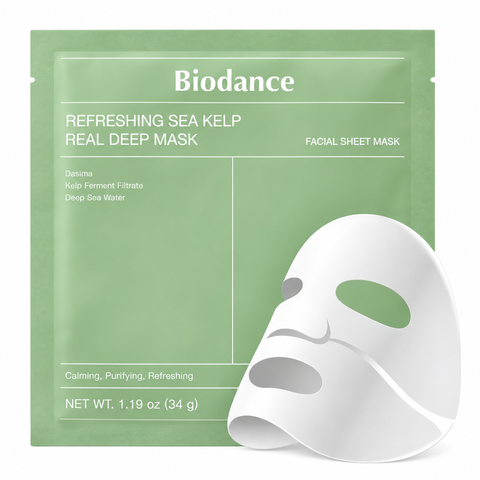 Biodance Refreshing Sea Kelp Real Deep Mask: grüner Beutel mit weißer Hydrogel-Tuchmaske