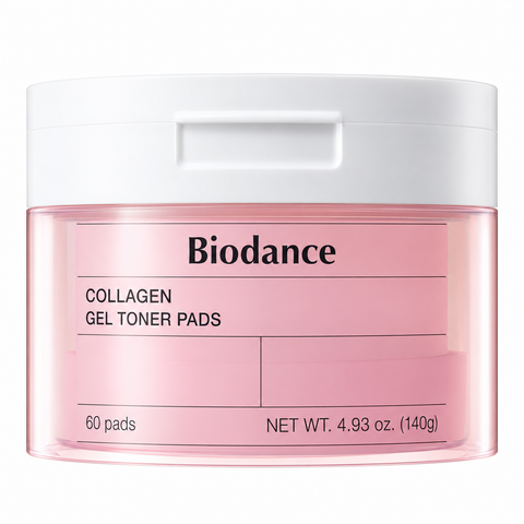 Biodance Collagen Gel Toner Pads: rosa Dose mit weißem Deckel und 60 Pads, Nettogewicht 140 g
