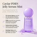 Biodance Caviar PDRN Gesichtsspray in Lila mit Gelperlen, daneben vier Vorteile des gelartigen Sprays