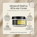 COSRX Advanced Snail 92 All in one Cream mit Gel-Tropfen, umgeben von Vorteile-Grafik zu Schneckenschleim und Hyaluron