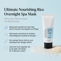 COSRX Rice Overnight Spa Mask mit Reiskörnern und cremiger Textur, daneben Vorteile-Grafik zu Reisextrakt