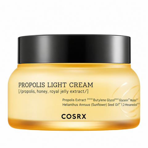 COSRX Propolis Light Cream: gelber Tiegel mit schwarzem Deckel, freigestelltes Produktfoto