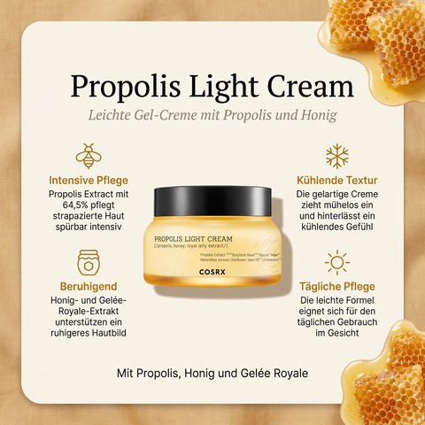 COSRX Propolis Light Cream mit Honigwaben, umgeben von einer Vorteile-Grafik zu Gel-Textur und täglicher Pflege