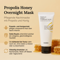 COSRX Propolis Honey Overnight Mask vor Honigwaben, daneben Vorteile-Grafik zu Propolis, Honig und Gelée Royale