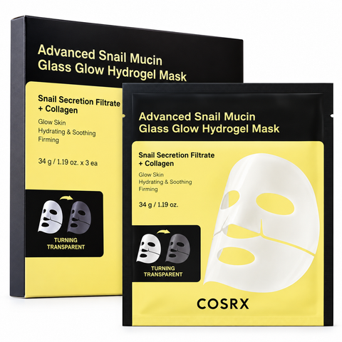 COSRX Advanced Snail Mucin Glass Glow Hydrogel Mask: schwarz-gelbe Faltschachtel mit Einzelbeutel und Tuchmaske