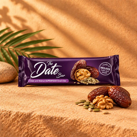 Date Bar Energy Dattelriegel mit Walnuss & Sesam, daneben Medjool-Datteln, Walnüsse und Kerne