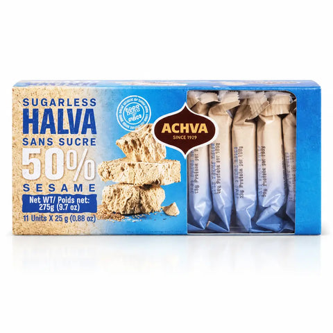 Halva ohne Zuckerzusatz in der Geschenkpackung mit einzeln verpackten Riegeln, weißer Hintergrund
