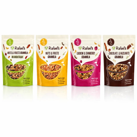 Rafael’s Granola Glücksbox | 4er-Set knuspriger Genuss mit Nüssen, Früchten & Schokolade