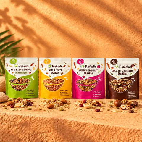 Rafael’s Granola Glücksbox | 4er-Set knuspriger Genuss mit Nüssen, Früchten & Schokolade