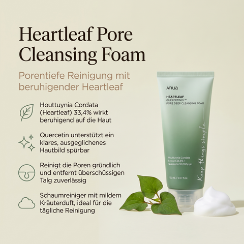 Anua Heartleaf Reinigungsschaum in der Tube mit Herzblatt und cremigem Schaum, daneben vier Produktvorteile