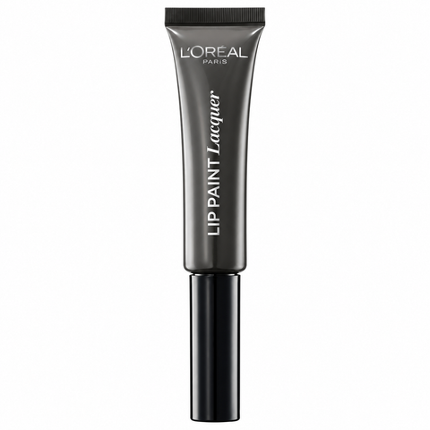 L'Oréal Paris Lip Paint Lacquer Liquid Lipstick in Grau in der Tube mit schwarzem Applikator, Pack-Shot
