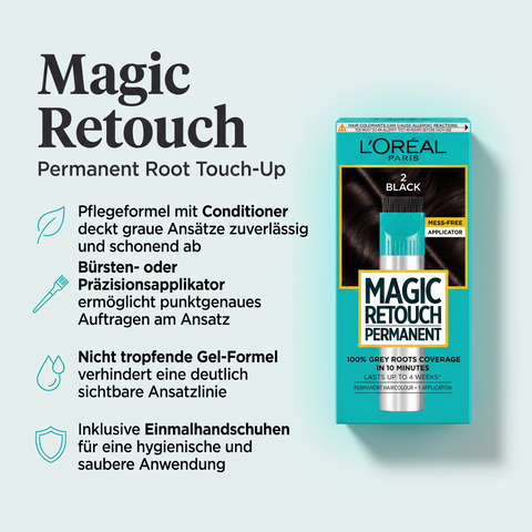 L'Oréal Paris Magic Retouch Permanent Ansatz-Abdeckung in Schwarz mit Vorteile-Grafik zu Applikator und Gel-Formel