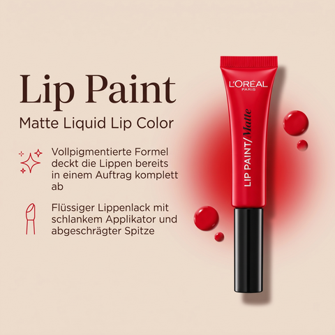 L'Oréal Paris Lip Paint Matte Liquid Lipstick in Rot mit Grafik zu vollpigmentierter Formel und schlankem Applikator