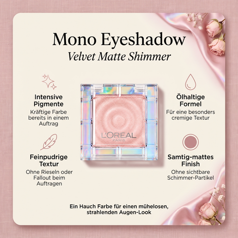 L'Oréal Paris Mono Lidschatten mit Vorteile-Grafik zu intensiven Pigmenten, ölhaltiger Formel und feinpudriger Textur