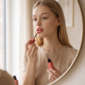 Maybelline Superstay Vinyl Ink Lippenstift in Korallrosa, Frau trägt ihn vor einem runden Spiegel auf
