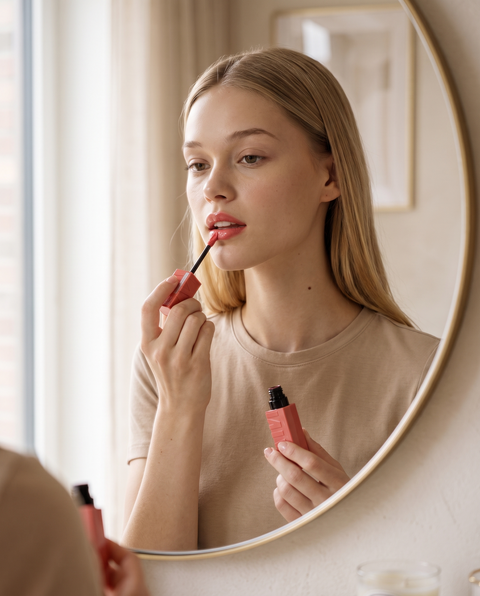Maybelline Superstay Vinyl Ink Lippenstift in Korallrosa, Frau trägt ihn vor einem runden Spiegel auf