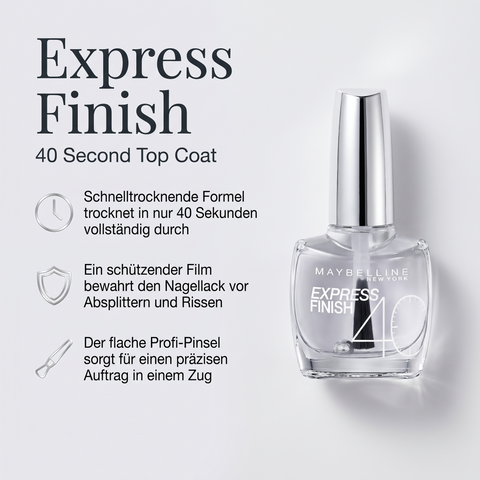Maybelline Express Finish Nagellack, Vorteile-Grafik zu schneller Trocknung, Schutzfilm und flachem Pinsel