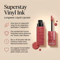 Maybelline Superstay Vinyl Ink Lippenstift mit Vorteile-Grafik zu Aloe Vera, transferfreier Formel und 16 Stunden Halt