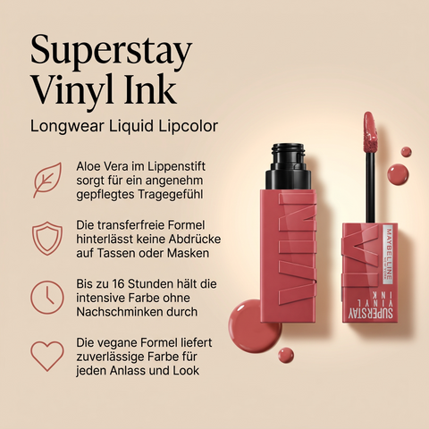 Maybelline Superstay Vinyl Ink Lippenstift mit Vorteile-Grafik zu Aloe Vera, transferfreier Formel und 16 Stunden Halt