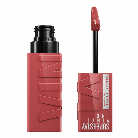 Maybelline Superstay Vinyl Ink Flüssiger Lippenstift in Rosenholz, geöffnet mit Applikator, Pack-Shot