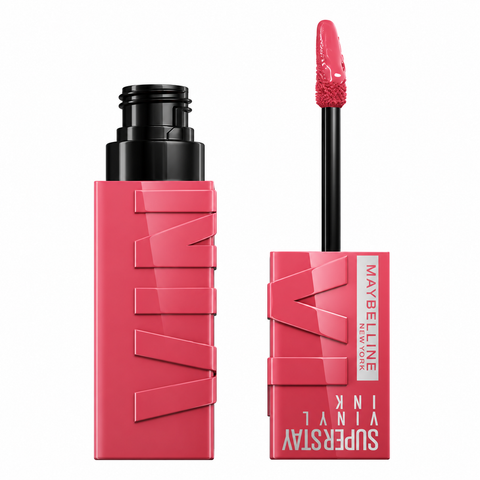 Maybelline Superstay Vinyl Ink flüssiger Lippenstift Sultry in Korallrosa mit Applikator, Pack-Shot