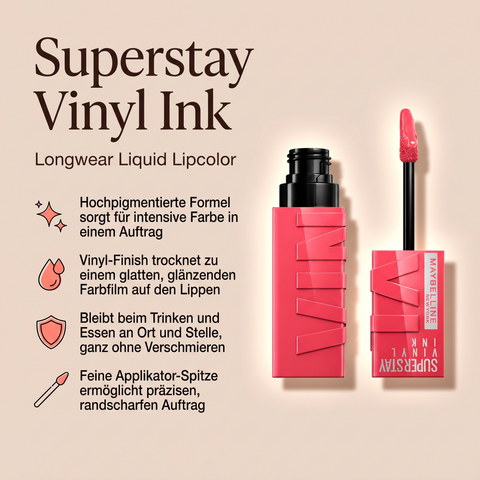 Maybelline Superstay Vinyl Ink Lippenstift, Vorteile-Grafik zu Vinyl-Finish und präzisem Applikator