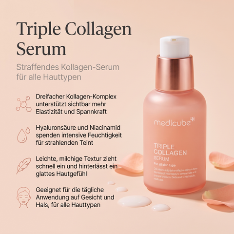 Medicube Triple Collagen Serum mit Serumtropfen und Rosenblättern, daneben Vorteile zu Kollagen und Textur