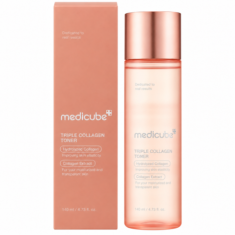 Medicube Triple Collagen Toner Kollagen-Gesichtswasser in der rosa 140-ml-Flasche neben der Faltschachtel