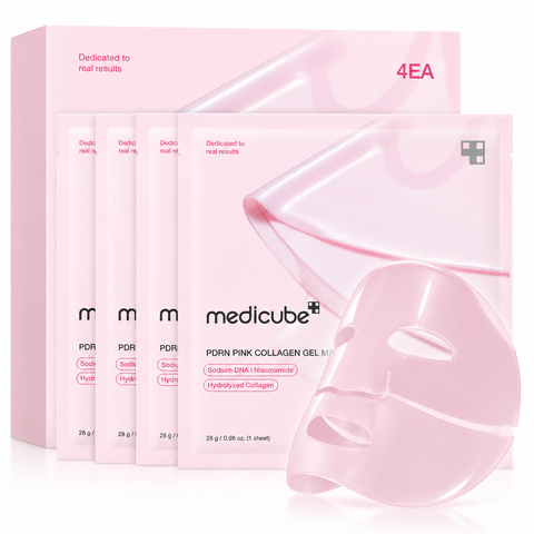 Medicube PDRN Pink Collagen Gel Mask: Packung mit vier Einzelbeuteln und rosa Hydrogel-Maske davor