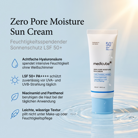 Medicube Zero Pore Moisture Sun Cream auf einer Wasseroberfläche, daneben Vorteile zu LSF 50+ und leichter Textur