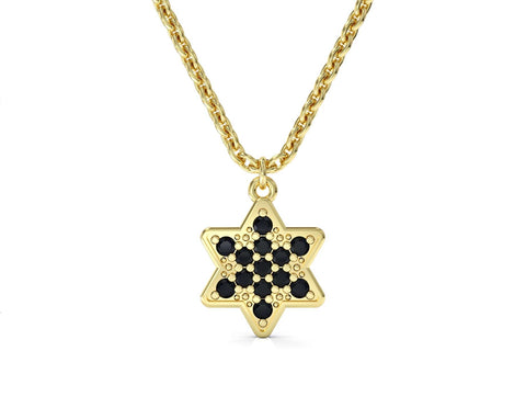 Necklace with Star of David pendant - yellow gold plating with inlaid black zircons